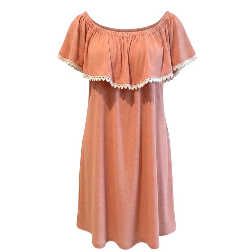 Papaya Watermelon Peach Top Boho Ruffle‎ Off Shoulder Lace Trim Womens S